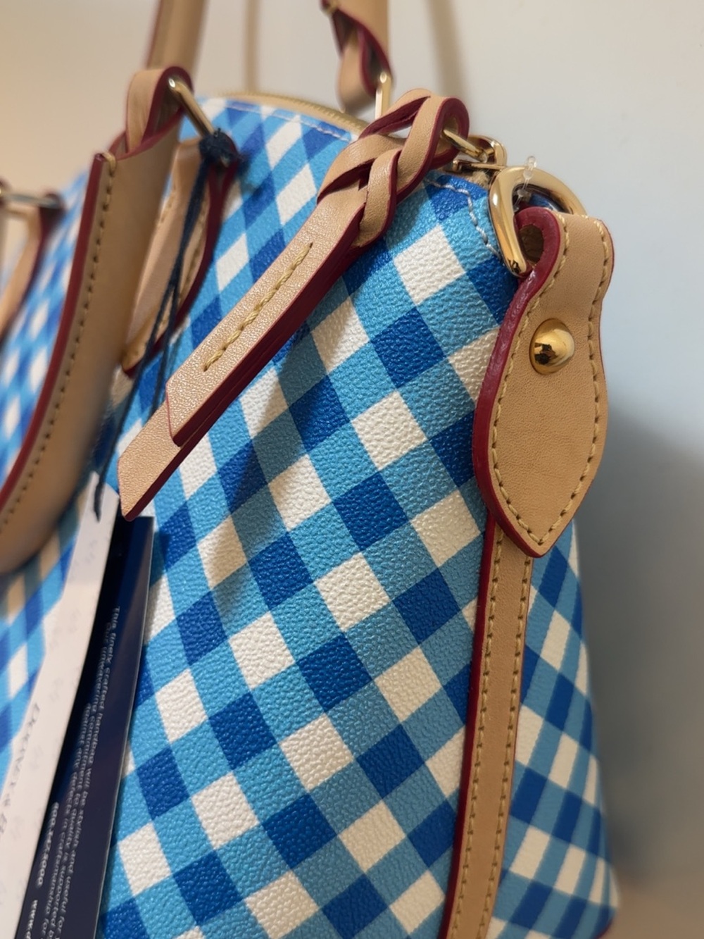 NWT Dooney & Bourke Blue Gingham Satchel with Tan Trim and Red-Edged Strap - Picture 7 of 10